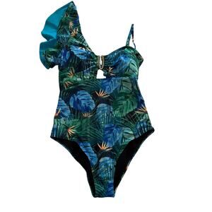 Tropical One-Shoulder Cutout Swimsuit – Palm Leaf Print with Ruffle Strap M‎
